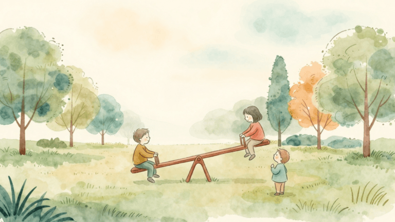 Children in playpark on see-saw calm watercolour